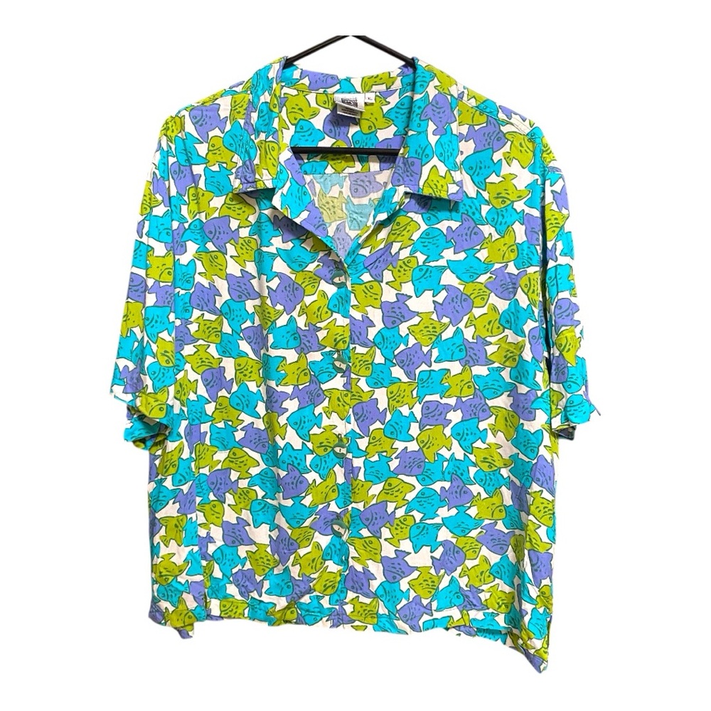 Blue and Green Fish Print Blouse with Collared Neckline XL
